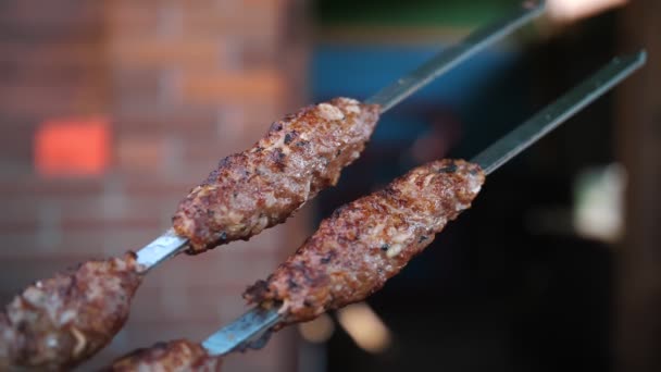 Lula Kebab Cooking Meat Skewer Meat Grill Close Juicy Lula — 图库视频影像