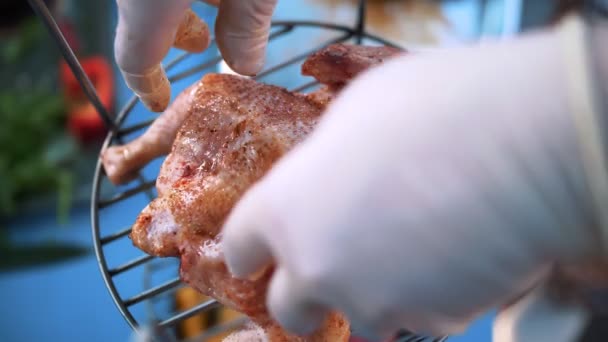 Chicken Grilled Chicken Raw Marinated Chicken Spices Laid Out Grill — Stock Video