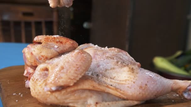 Chicken Cooking Close Chef Sprinkling Rubbing Fresh Raw Chicken Spices — Videoclip de stoc