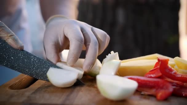 Onion Cutting Fresh Vegetables Sliced Onion Salad Cooking Close Man — Stockvideo