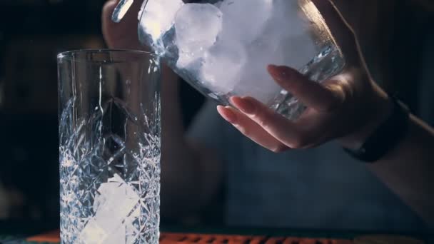 Ice Cubes Close Bartender Putting Ice Cubes Empty Glass Making — ストック動画