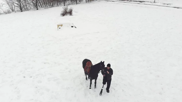 エアロ トップ ビュー冬 無効になっている男性は 雪原に黒い馬そばに立ちます 彼は彼の右脚ではなく義足を持っています 乗馬療法の馬に乗ることを学ぶ 動物と障害者のリハビリテーション — ストック写真