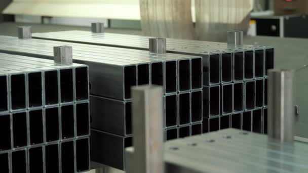 Metal Iron Square Box Pipes Stack Galvanized Steel Pipes Construction — Stok video