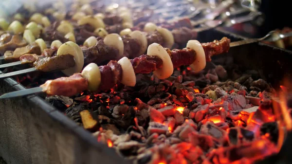 a shish kebab from pork, on skewers, fry on red hot coals. High quality photo