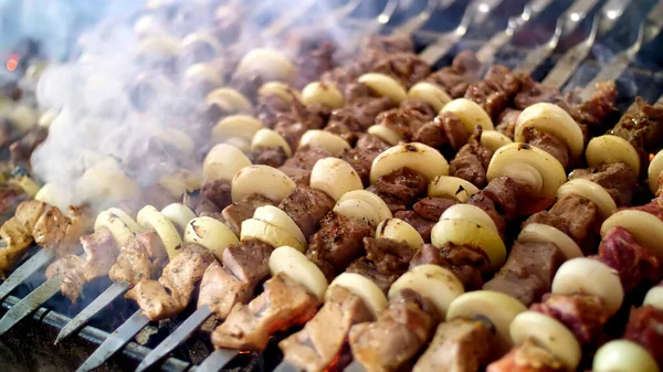 Shish Kebab Pork Skewers Fried Coals Close Grill Charcoal Flame — Stok fotoğraf