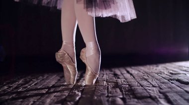 close up, in rays of spotlight, on stage of old theater hall. ballerina in white ballet skirt, raises on toes in pointe shoes, performs elegantly a certain ballet exercise, en tournaht suivi. High