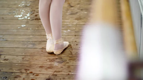 Close Dancing Hall Ballerina Ballet Shoes Performs Tendu Aside Grand — Zdjęcie stockowe
