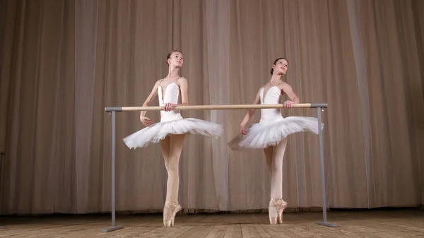 ballet rehearsal, in old theater hall. Young ballerinas in white ballet skirts, tutus, are engaged at ballet, perform elegantly a certain ballet exercise, pass , attidude, standing near barre. High