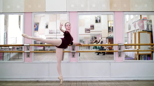 Dancing Hall Young Ballerina Purple Leotard Performs Developpe Attitude Pointe — ストック写真