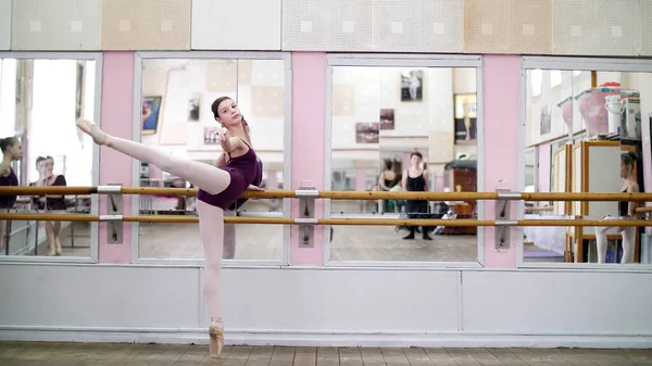 Dancing Hall Young Ballerina Purple Leotard Performs Developpe Attitude Pointe — Stockfoto
