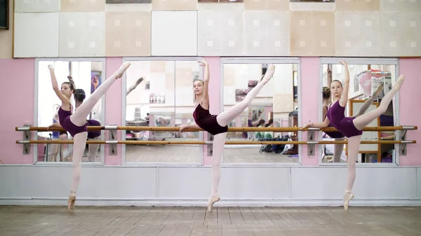 Танцевальном Зале Молодые Балерины Фиолетовых Трико Выполняют Грандиозную Битву Пуантах — стоковое фото