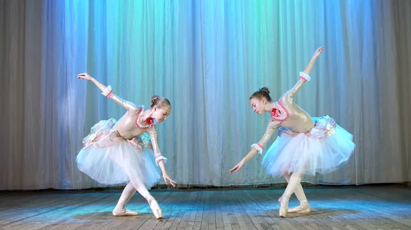 ballet rehearsal, on the stage of the old theater hall. Young ballerinas in elegant dresses and pointe shoes, dance elegantly certain ballet motions, pass, scenic bow. High quality photo