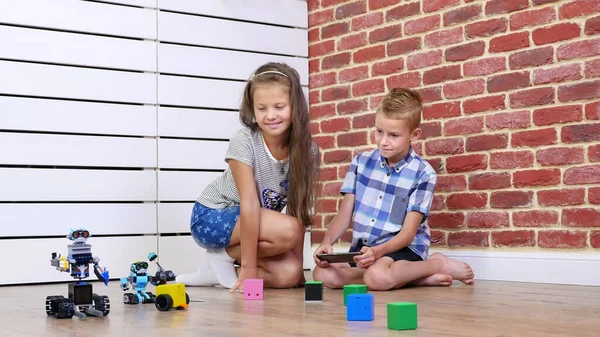 Seven Year Old Boy Girl Play Electronic Robots Cars Modern — Stok fotoğraf