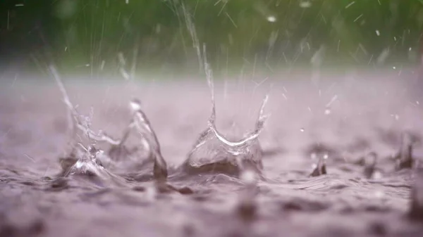 Close Large Heavy Drops Rain Rainfall Shower Fall Spray Water — Stock Photo, Image