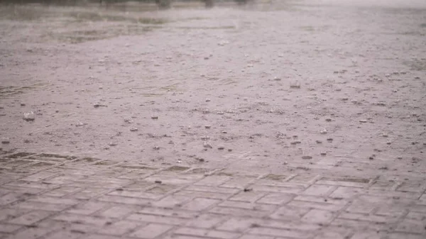 Close Heavy Rain Shower Large Heavy Drops Drip Street Tiles — Stock Photo, Image