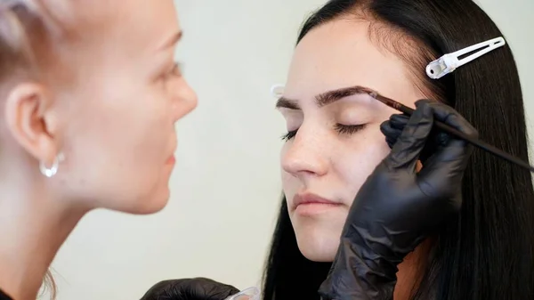 close up. young woman gets eyebrow correction procedure. kosmetolog- makeup artist applies paint with brush on eyebrows in beauty saloon. Professional care for face. High quality photo