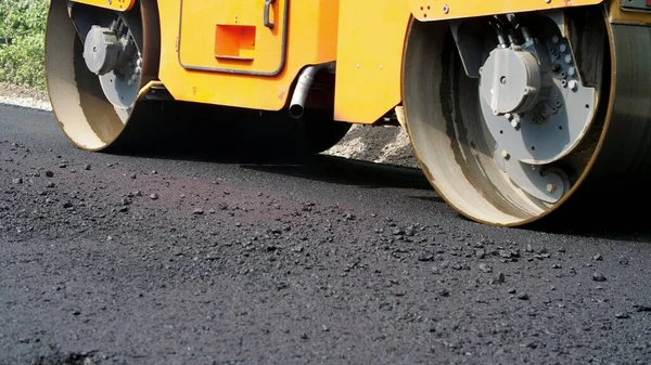 Close Road Construction Works Roller Compactor Machine Asphalt Finisher Road — Stok fotoğraf