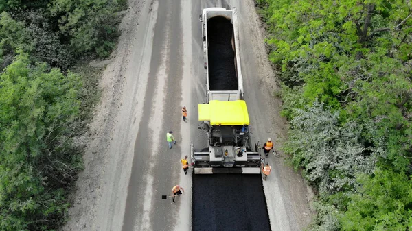 Aerial View Repair Highway Process Laying New Asphalt Covering Road — 스톡 사진