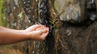 close-up, childrens hands. a child washes his hands in the clear, transparent water of a mountain stream flowing down from the mountains. High quality photo