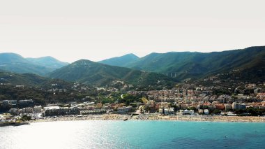 SPOTORNO, ITALY - JULY 7, 2018: aero Panorama of Spotorno village, Seaside Spotorno, Mediterranean sea, Liguria, Italy. summer hot day. High quality photo