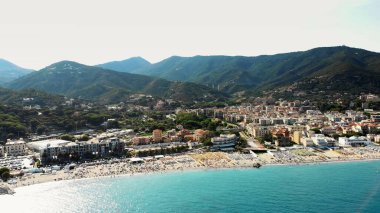SPOTORNO, ITALY - JULY 7, 2018: aero Panorama of Spotorno village, Seaside Spotorno, Mediterranean sea, Liguria, Italy. summer hot day. High quality photo