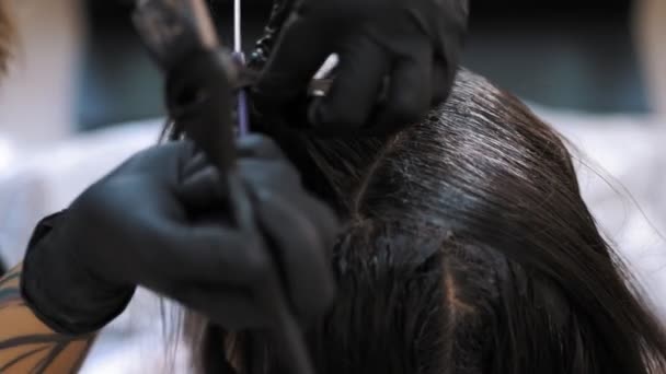 Haarfärben Haarfärbung Nahaufnahme Colorist Master Trägt Haarfarbe Mit Einem Pinsel — Stockvideo