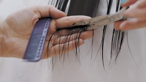 Schuldenschnitt Spitze Schneiden Haarpflege Nahaufnahme Friseur Schneidet Haarspuckenden Mit Der — Stockvideo