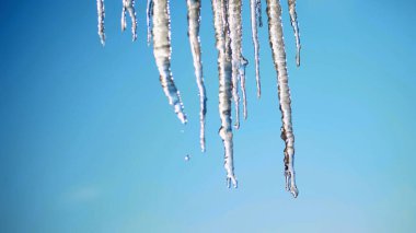 Kış, soğuk, karlı, güneşli bir gün. Yakın plan, büyük şeffaf buz saçakları çatıda asılı, gökyüzüne karşı. Yüksek kalite fotoğraf