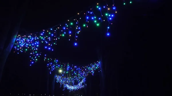 Noel Çelengi Işıkları Güzel Parıldayan Çok Renkli Çelenkler Gece Vakti — Stok fotoğraf