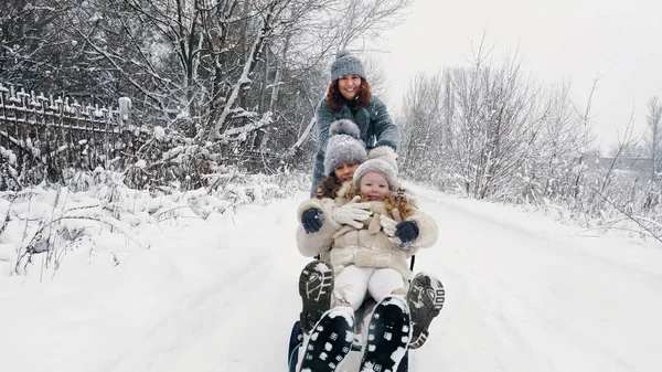 family sledding in winter. outdoor winter activity. Happy, laughing family, woman with 2 daughters are enjoying of sledging on snowy road, in forest, during snowfall. family is having fun, spending