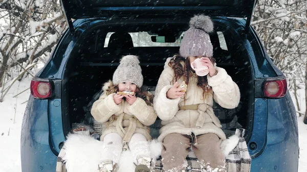 冬のお茶ピクニック ハッピーかわいい 女の子 暖かい冬の服を着て おいしいスナック ティーパーティーを屋外でしている 彼等は 雪の降る森の中で 車のトランクに座っています 冬の家族 ストック写真