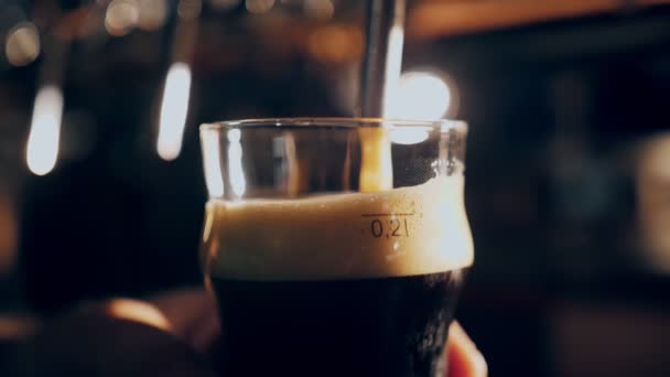 Der Barkeeper Gießt Bier Ein Glas Nahaufnahme Von Barmans Hand — Stockvideo