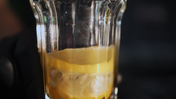 Cocktail Bartender Makes Cocktail Close Bartender Crushes Mint Leaves Slices — Stock Video