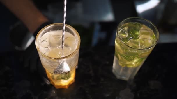 Einen Cocktail Zubereiten Nahaufnahme Der Barkeeper Mixt Alle Zutaten Und — Stockvideo