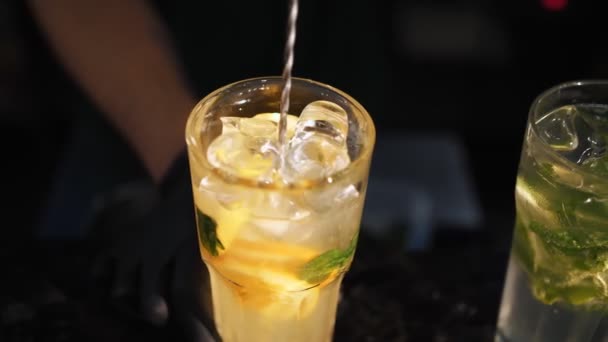 Kokteyl Hazırlıyorum Yakın Plan Barmen Bütün Malzemeleri Buzları Uzun Bir — Stok video