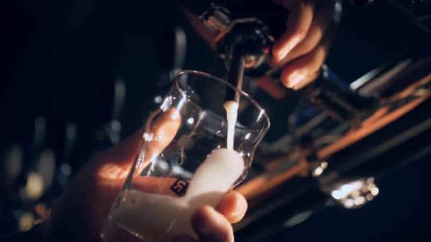 Бармен Наливает Пиво Стакан Крупный План Барменов Наполняющих Стакан Светлым — стоковое видео