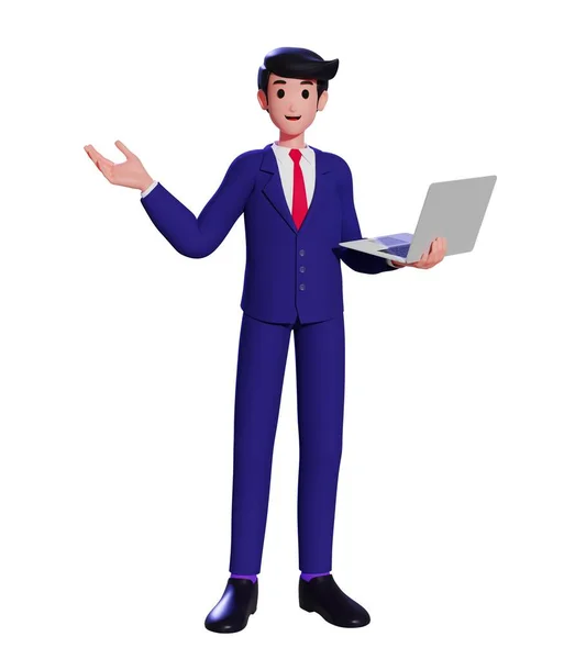 3D çizgi film karakteri iş adamı elinde dizüstü bilgisayarla kameraya bakıyor. Takım elbiseli neşeli genç bir adam dizüstü bilgisayarla elini kaldırıyor. 3d illüstrasyon