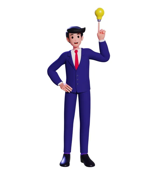 Ayakta duran ve elini beline koyup bir fikir sembolüne işaret eden bir iş adamı. Resmi takım elbiseli neşeli bir adamın bir fikri var. İş fikri konsepti. 3d illüstrasyon