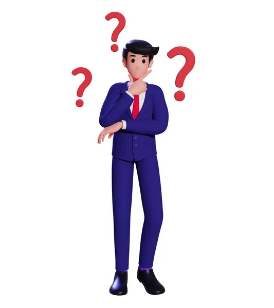 3D çizgi film karakteri iş adamı ayakta duruyor ve soru işaretleriyle çenesine dokunuyor. Kafa karışıklığı ve karar verme, sorunun cevabını arama, problem çözme ya da çözüm. 3d illüstrasyon
