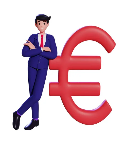3 boyutlu çizgi film karakteri genç iş adamı kollarını kavuşturmuş ya da kırmızı euro işaretine yaslanmış olarak duruyor. 3d illüstrasyon