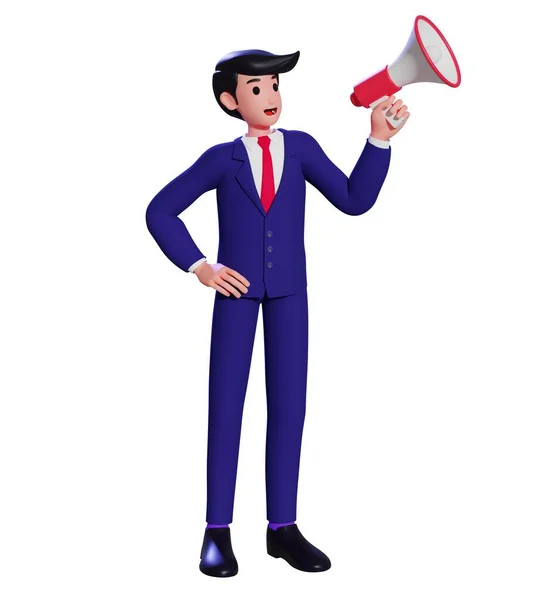 Elinde hoparlör tutan bir iş adamı. Takım elbiseli bir adam megafonla toplum içinde duyulmak için konuşuyor. Dikkat ve duyuru veya tanıtım konsepti. 3d illüstrasyon