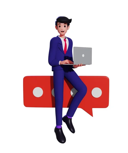 Konuşma baloncuklarının üzerinde oturan bir iş adamı dizüstü bilgisayarını tutuyor. Çevrimiçi iş iletişimi, işbirliği ve ortaklık kavramı. 3d illüstrasyon
