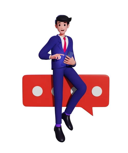 İş adamı elinde akıllı bir telefonla bir konuşma baloncuğunun üzerinde oturuyor. Çevrimiçi iş iletişimi, işbirliği ve ortaklık kavramı. 3d illüstrasyon