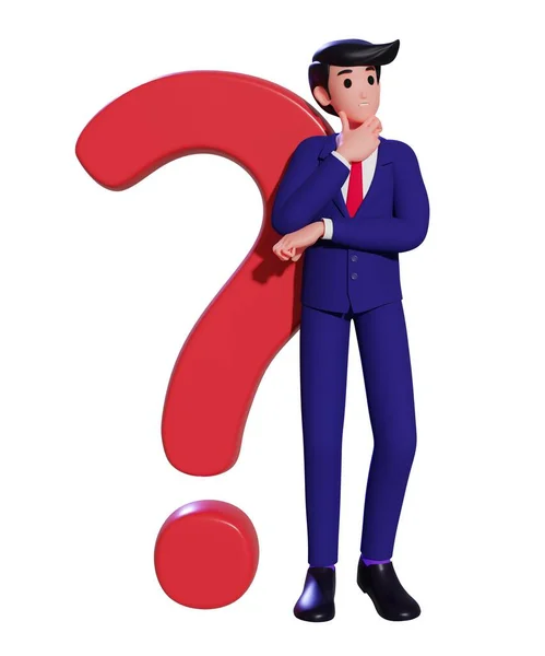 Kafası karışmış bir işadamı büyük bir soru işaretinin yanında duruyor ve bir çözüm düşünüyor. Zor karar konsepti yapmak ya da sorulara cevap aramak. 3d illüstrasyon