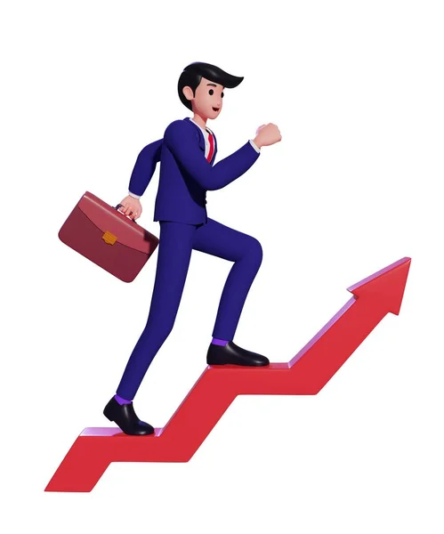 Evrak çantalı bir iş adamı iş başarısı için merdivenleri çıkıyor. Kırmızı ok üzerinde yürüyen takım elbiseli bir adam. Kariyer büyümesi ya da iş büyümesi kavramı. 3d illüstrasyon