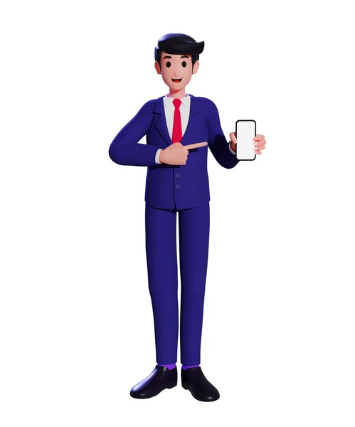 Elinde akıllı telefon tutan bir iş adamı boş bir ekran gösteriyor. Takım elbiseli bir adam boş bir cep telefonunu işaret ediyor. 3d illüstrasyon