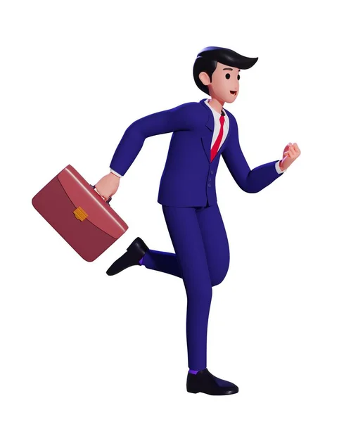 Elinde evrak çantasıyla koşan bir iş adamı. Zaman yönetimi ve teslim tarihi kavramı. 3d illüstrasyon