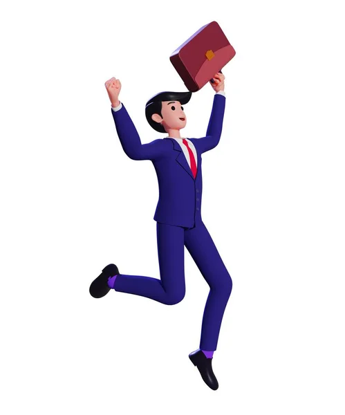 Evrak çantalı neşeli bir iş adamı sevinçten havalara uçuyor ve başarılı bir işi kutluyor. 3d illüstrasyon