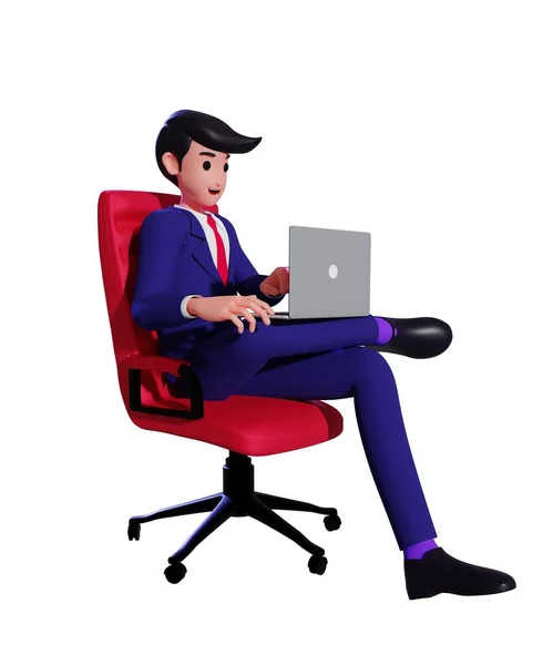 İşadamı kırmızı koltukta oturuyor ve laptopuyla çalışıyor. 3d illüstrasyon
