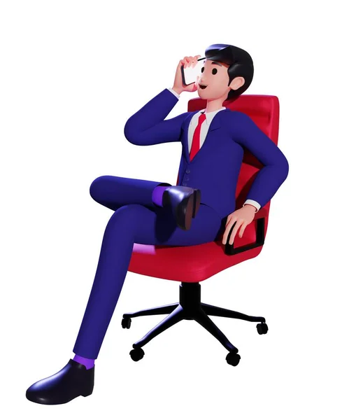 Ofis koltuğunda oturan ve akıllı telefondan konuşan bir iş adamı. Telefonda takım elbiseli bir adam var. 3d illüstrasyon